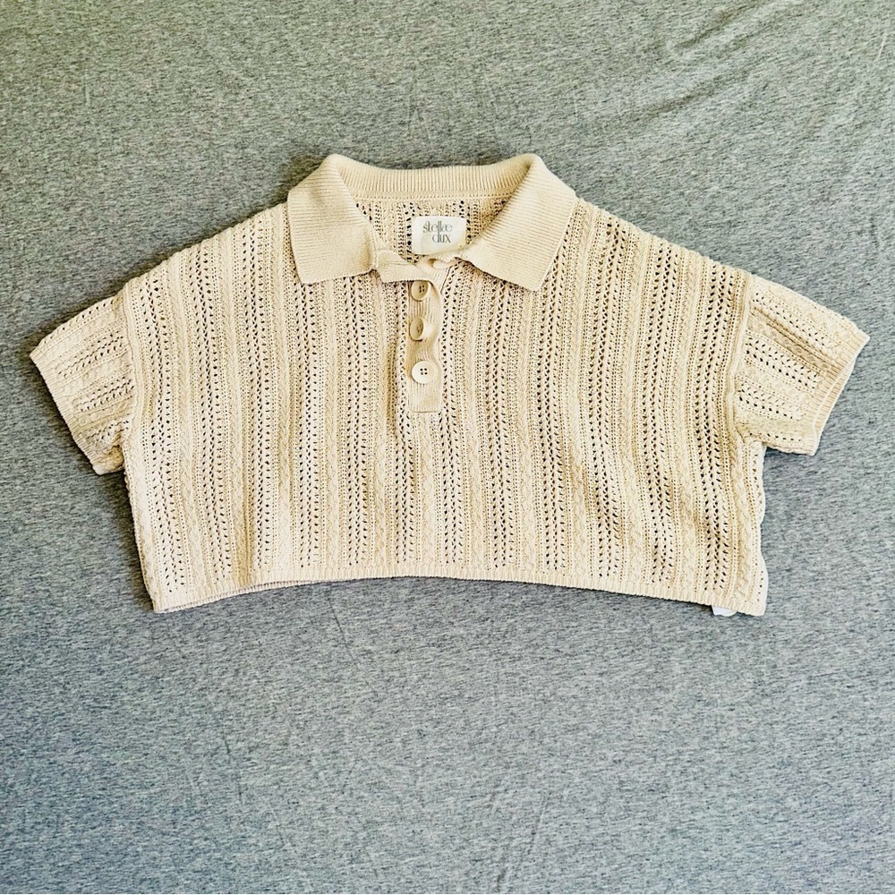 Stellae Dux Cropped Knit Polo Sweater Beige Cotton Small Y2K RS4S60S